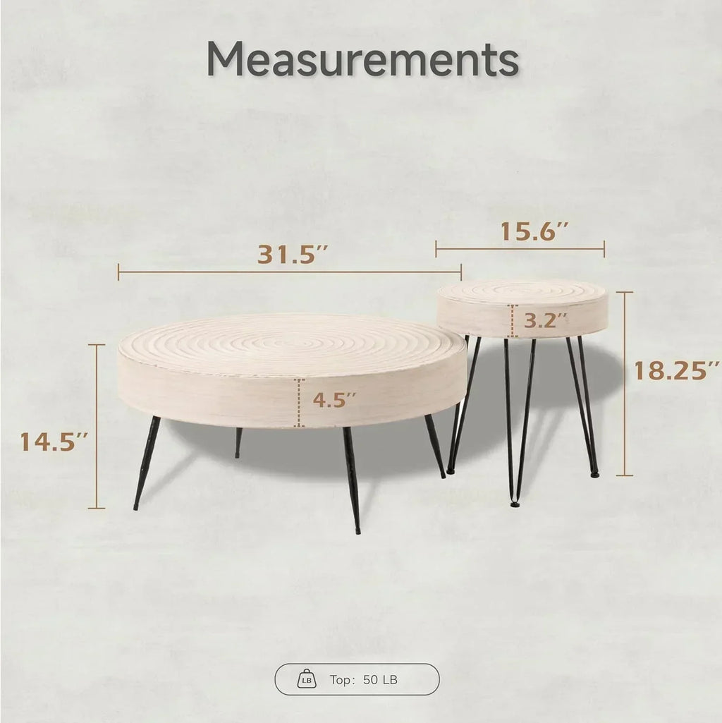 Two-Piece Modern Farmhouse Living Room Coffee Table Set Round Nesting Tables wourant