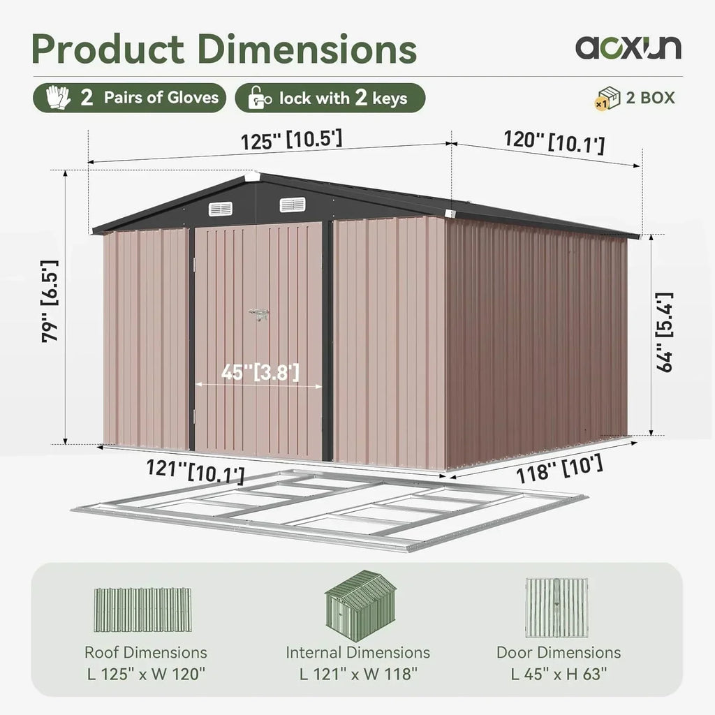 Aoxun 12x10 FT Shed Metal Outdoor Waterproof Storage Shed Steel Utility Garden Tool Shed wourant