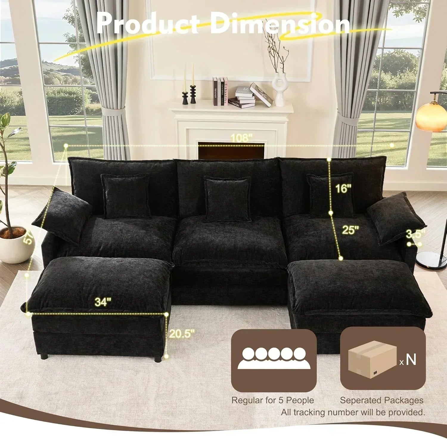 108 Inch U Shape Sofa Sectional Sofa Comfortable Cloud Sofa Living Room Deep Seat Sofa wourant