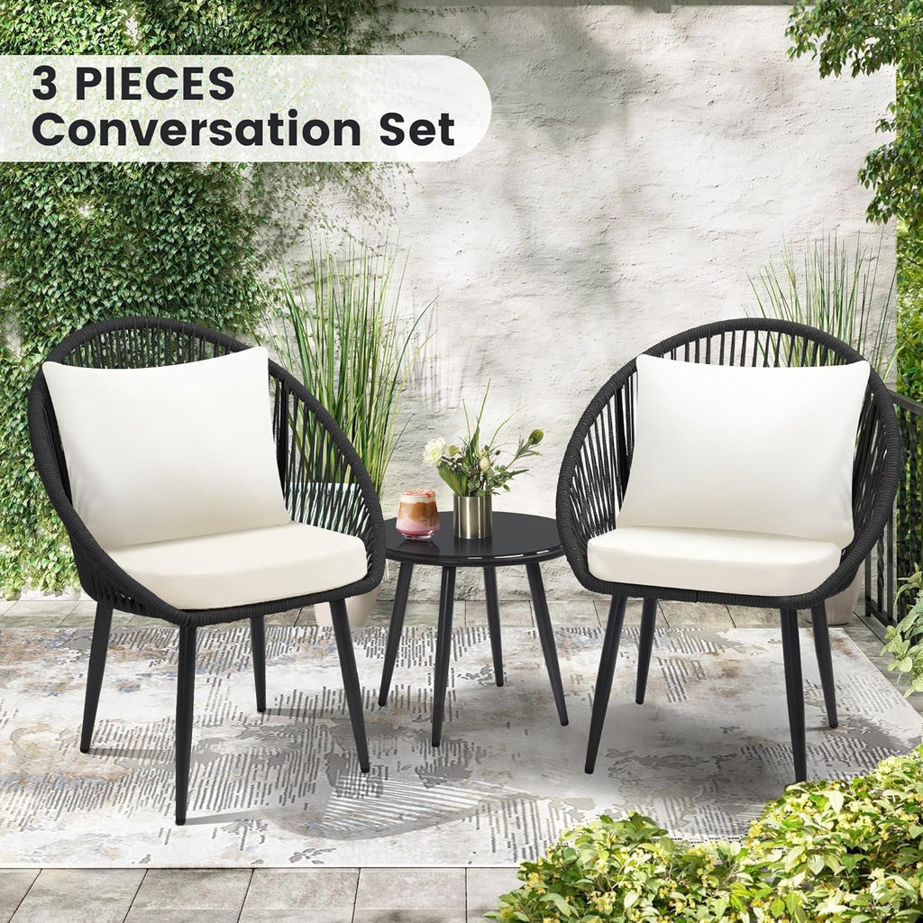 3 Piece Bistro Set Woven Rope Chair with Cushions All Weather Patio Conversation Set Side Table wourant