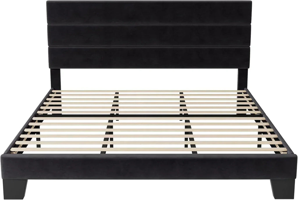 Allewie King size platform bed frame with velvet upholstered headboard and planks wourant