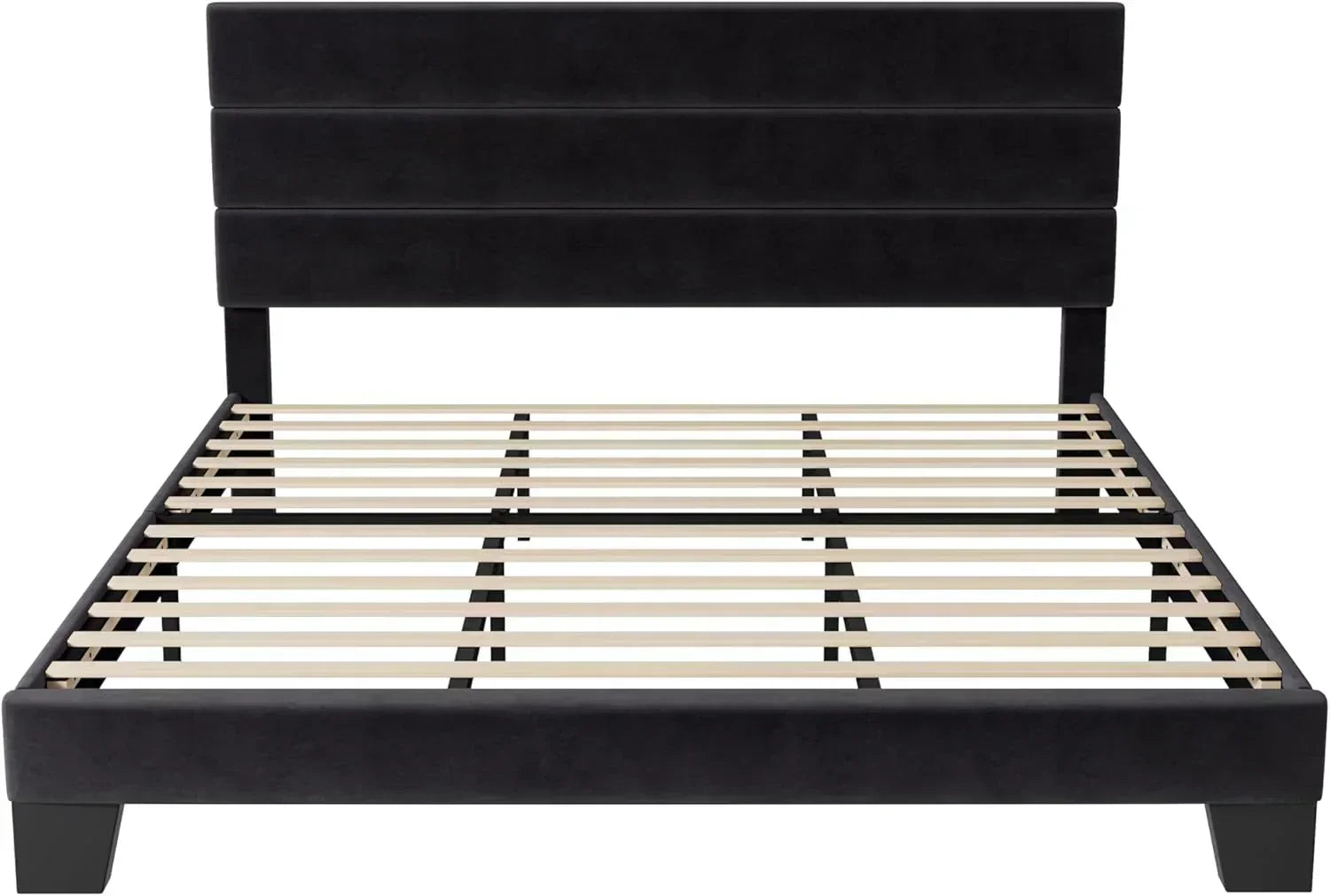 Allewie King size platform bed frame with velvet upholstered headboard and planks wourant