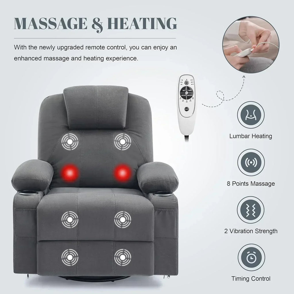Large Swivel Rocking Recliner with Massage Function 360 Degree Swivel Rocking Single Sofa wourant