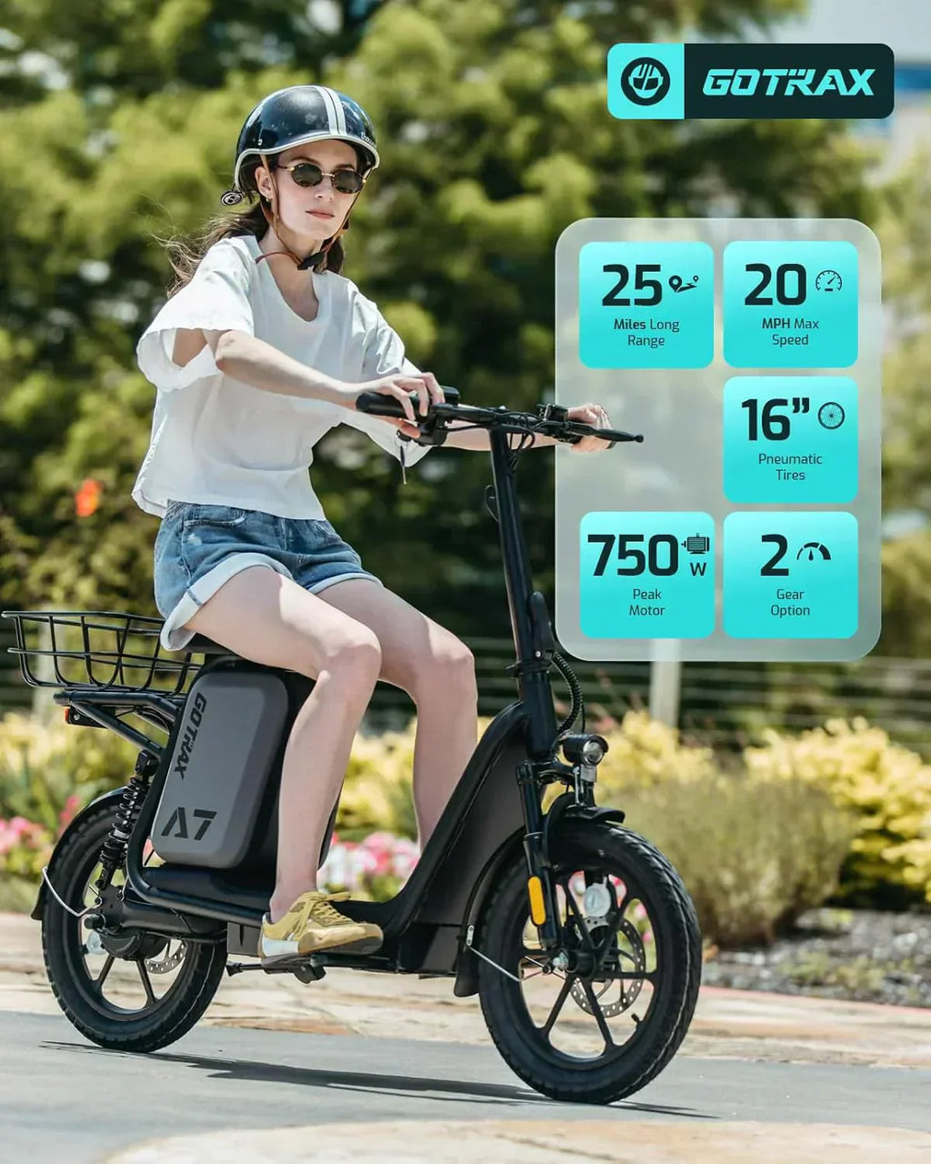 Gotrax adult electric scooter with seat maximum range of 19-25 miles all-terrain tires wide pedals wourant