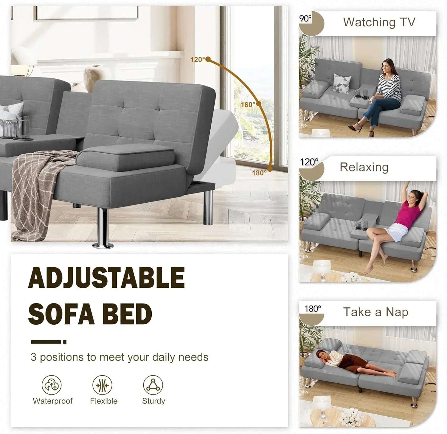 Shahoo Modern Linen Upholstered Convertible Folding Futon Sofa Bed with Removable Armrests wourant