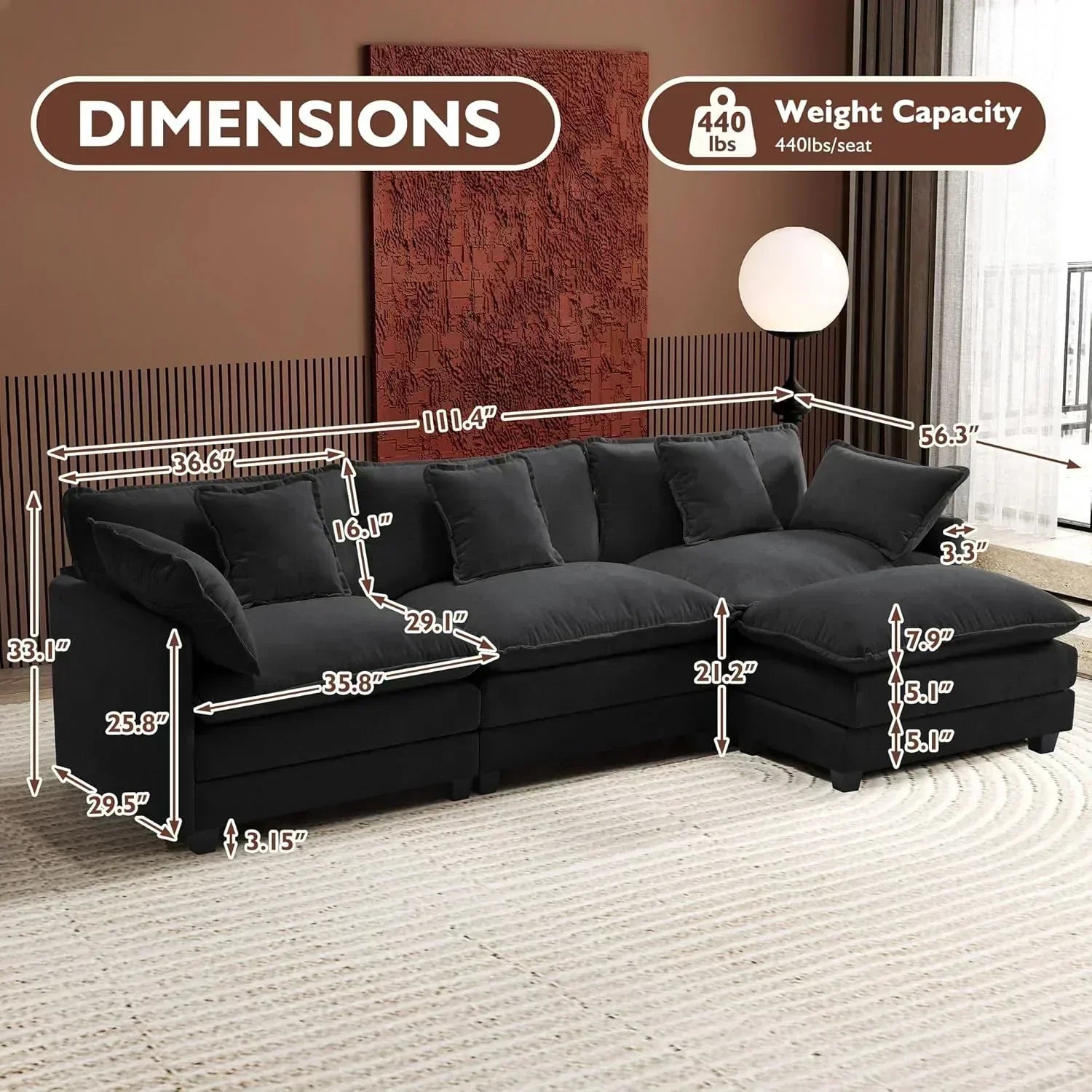 111.4 Inch L Shaped Modern Sofa Modular Cloud Sofa with Ottoman 4 Seater Chenille Deep Seat Sofa wourant