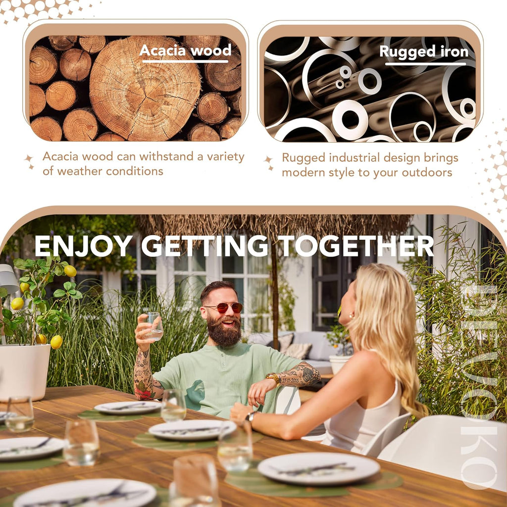 Devoko Home Acacia Wood Dining Table 6-Person Indoor Outdoor Table Iron Legs Sandblast Finish wourant