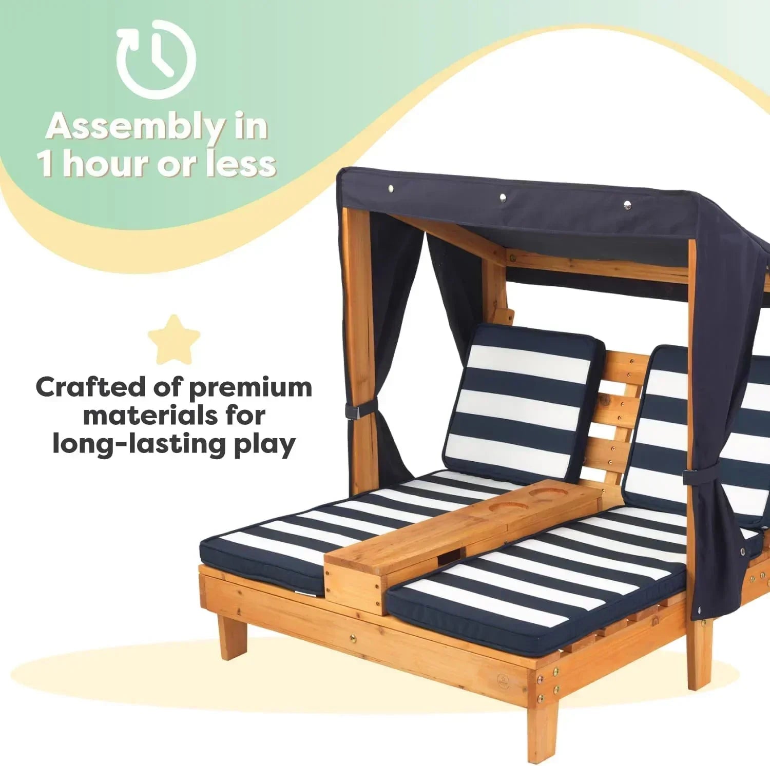 KidKraft Wooden Outdoor Double Chaise Lounge with Cup Holders Kids Patio Furniture Honey wourant
