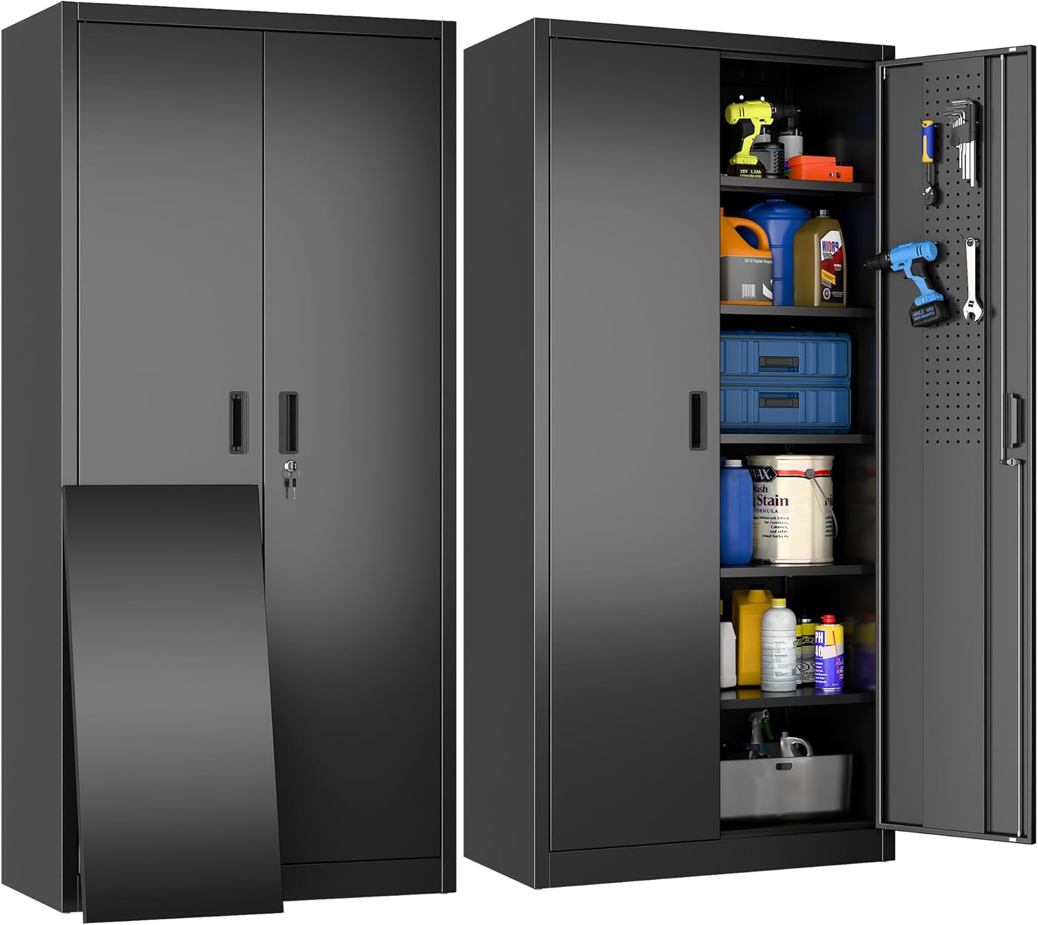 Metal Storage Cabinet with Pegboard 71'' x 34'' x 18'',Lockable Steel Storage Cabinet with 5 Adjustable Shelves and Door for Garage, Office, Kitchen, Assembly Required(Black) wourant