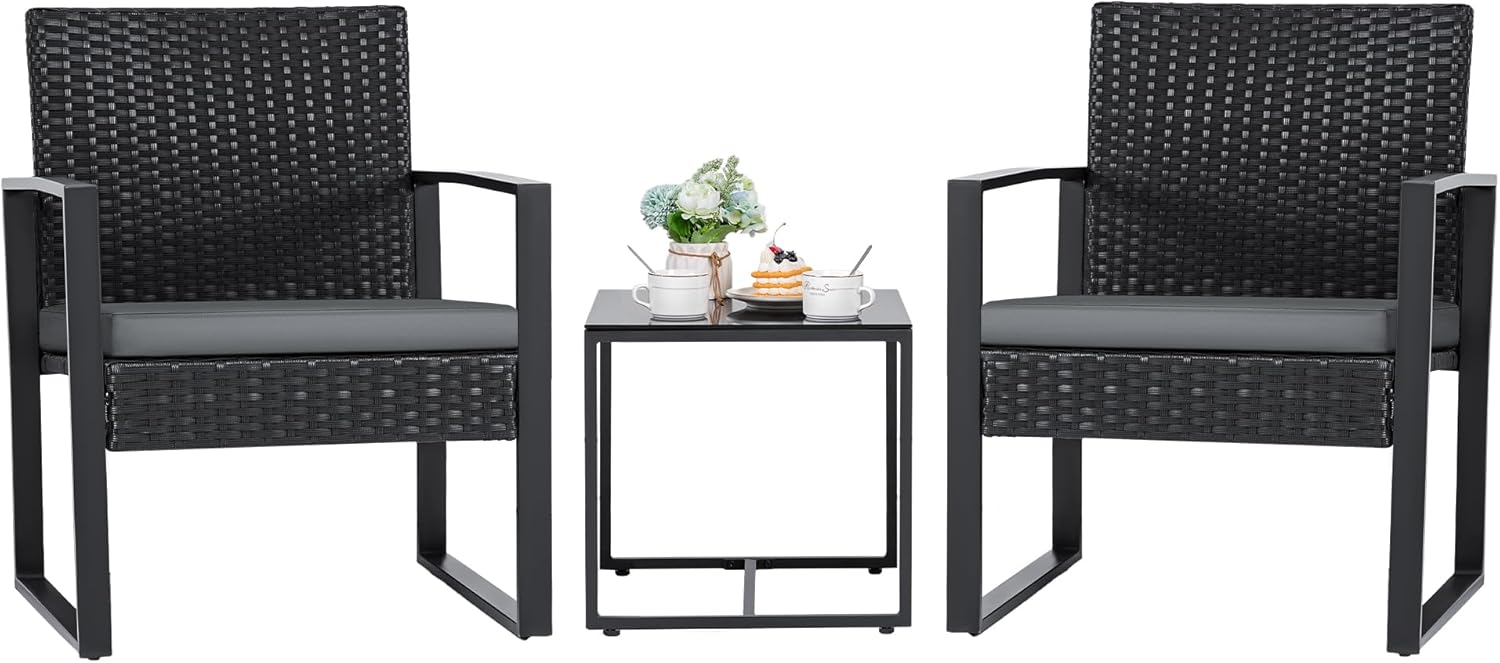 Flamaker 3 Pieces Outdoor Patio Wicker Furniture Set, Modern Rattan Chair Conversation Sets with Coffee Table for Yard and Bistro (Black) woonhhop