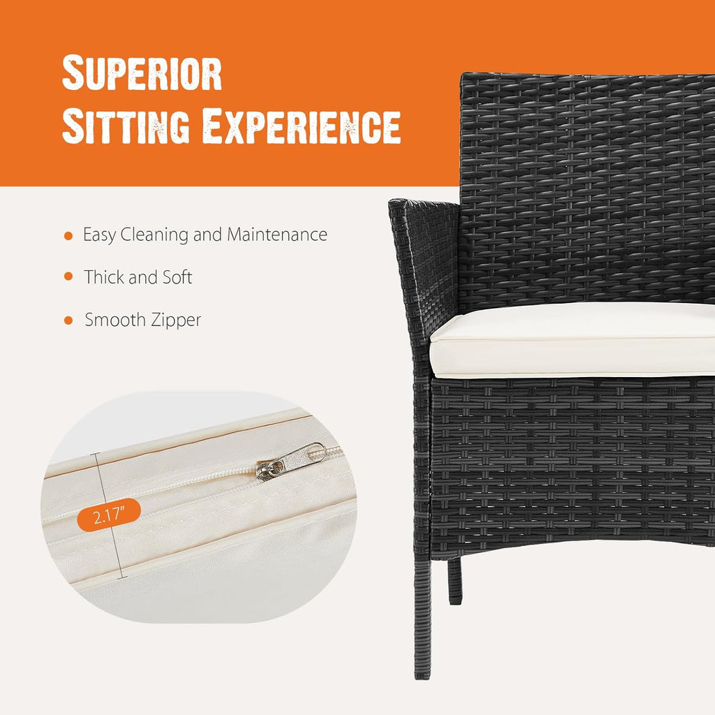 Sweetcripy Patio Furniture Set 3 Pieces, Outdoor Furniture with Soft Cushion and Glass Table, All Weather Manual Weaving Wicker Rattan Patio Chairs for Garden, Terrace, Porch(Black and Beige) wourant