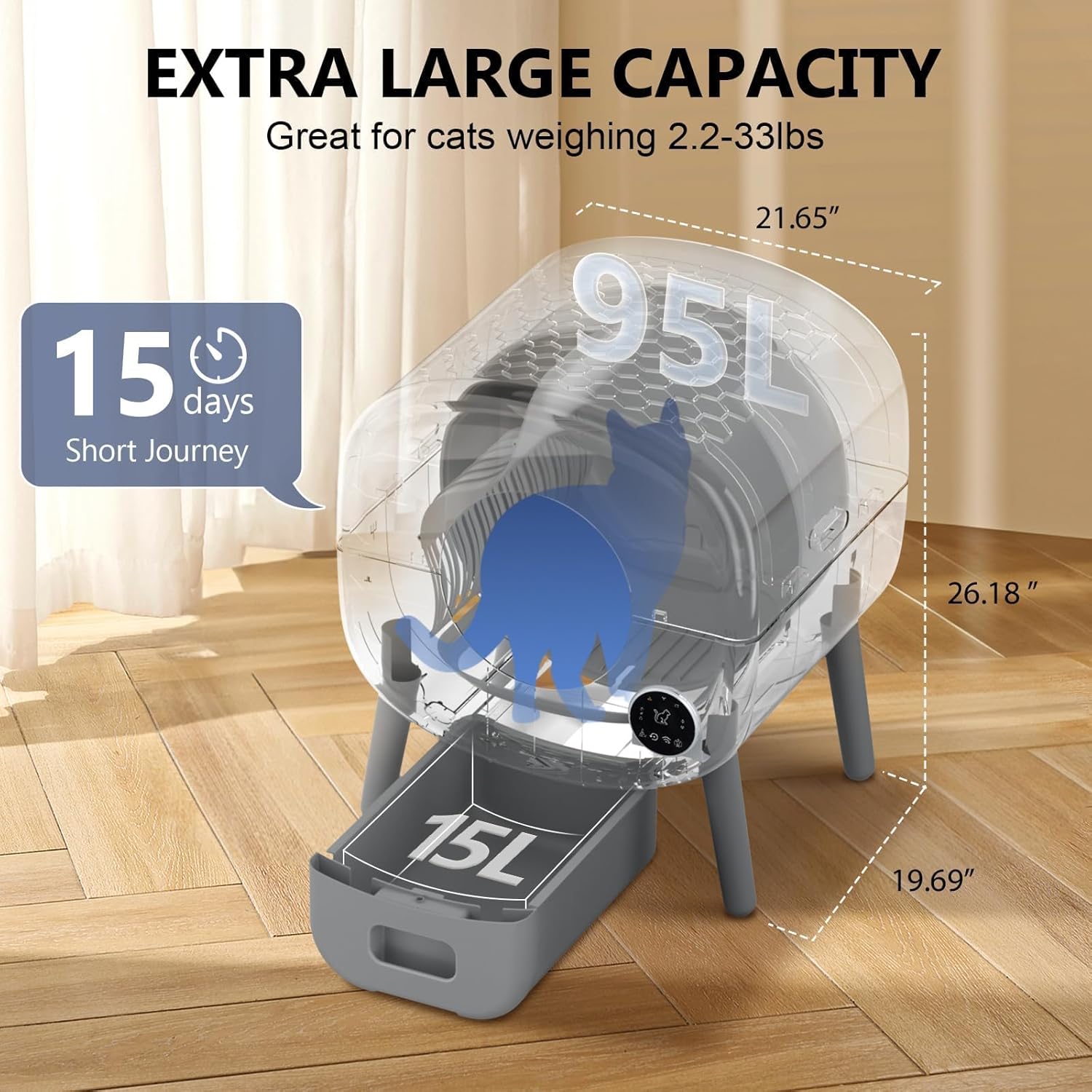 Self Cleaning Litter Box, Large Capacity Automatic Cat Litter Box Self Cleaning for Cats, App Control,Safety Protection, 2 Roll Garbage Bags wourant