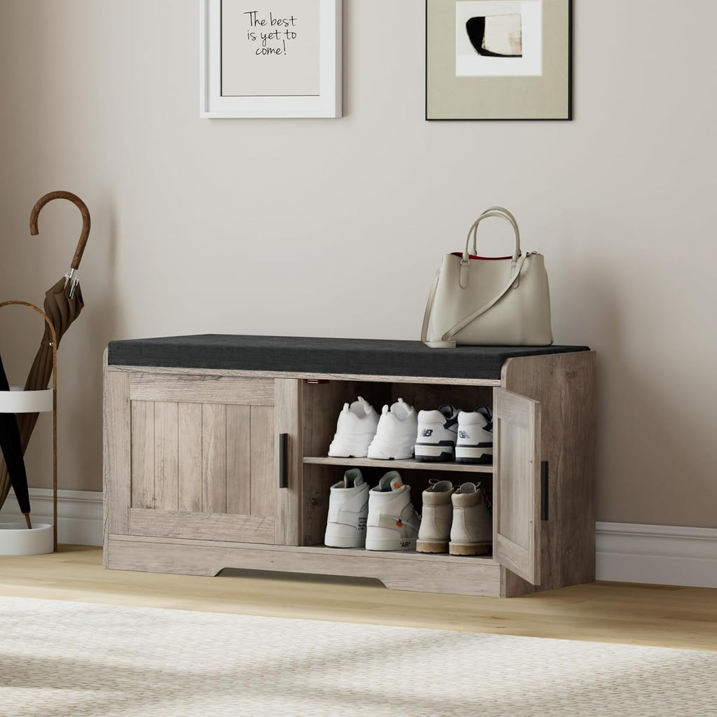 2-Tier Storage Bench, Shoe Bench with Thickened Padded Seat Cushion, Entryway Bench with 4 Doors, Adjustable Shelf, 13.8" D x 45.3" W x 18.5" H, for Entryway, Living Room, Bedroom, White wourant