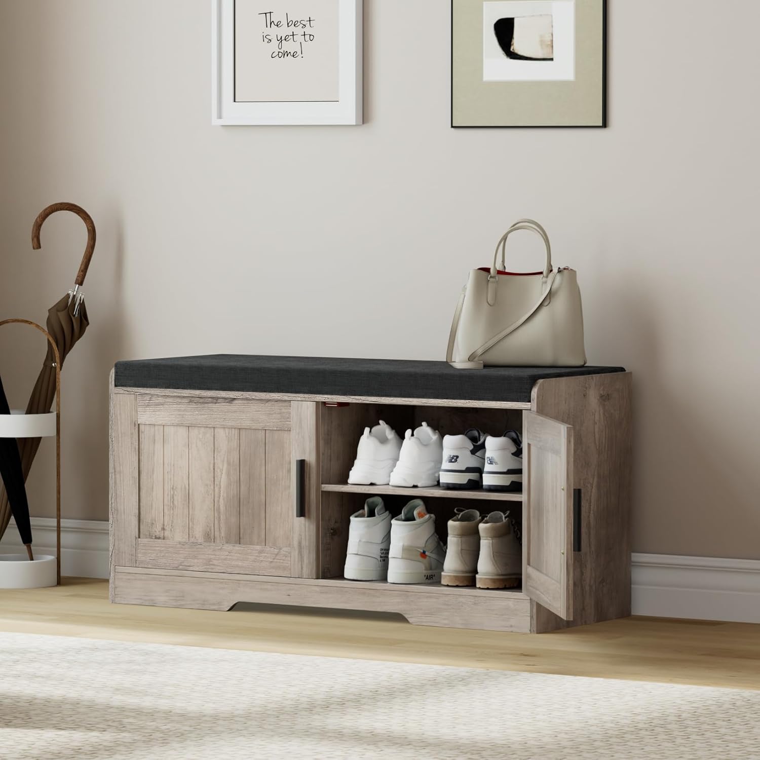 2-Tier Storage Bench, Shoe Bench with Thickened Padded Seat Cushion, Entryway Bench with 4 Doors, Adjustable Shelf, 13.8" D x 45.3" W x 18.5" H, for Entryway, Living Room, Bedroom, White wourant