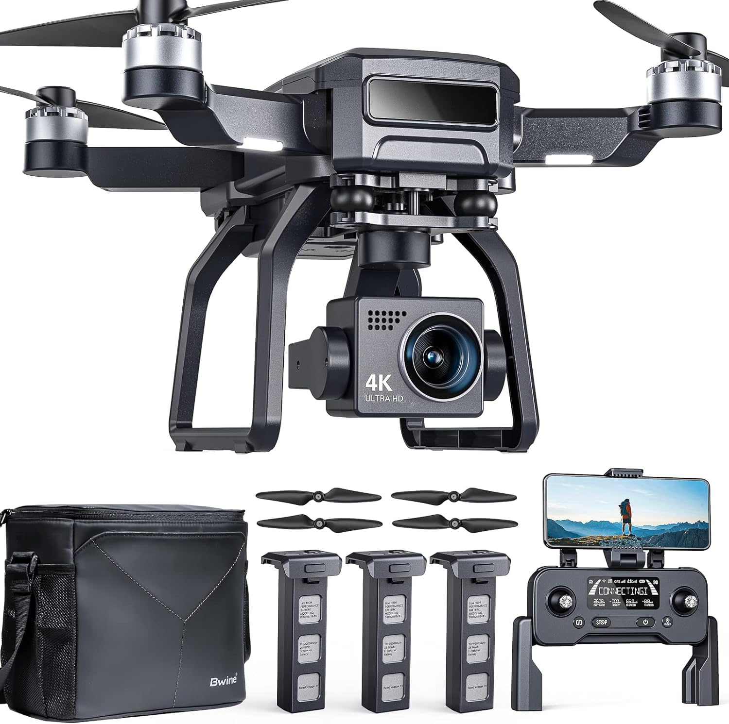 Adult-specific camera drone with 4K UHD aerial photography, 3-axis gimbal, 10,000-foot control, 3 batteries for 75 minutes of flight time, and GPS tracking wourant