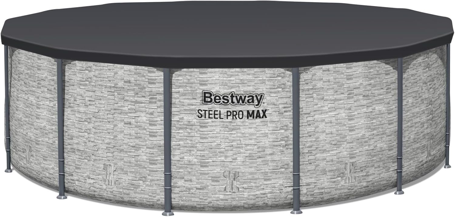 Steel Pro MAX 14 Foot x 48 Inch Round Metal Frame Above Ground Outdoor Swimming Pool Set with 1,000 Filter Pump, Ladder, and Cover, Gray wourant