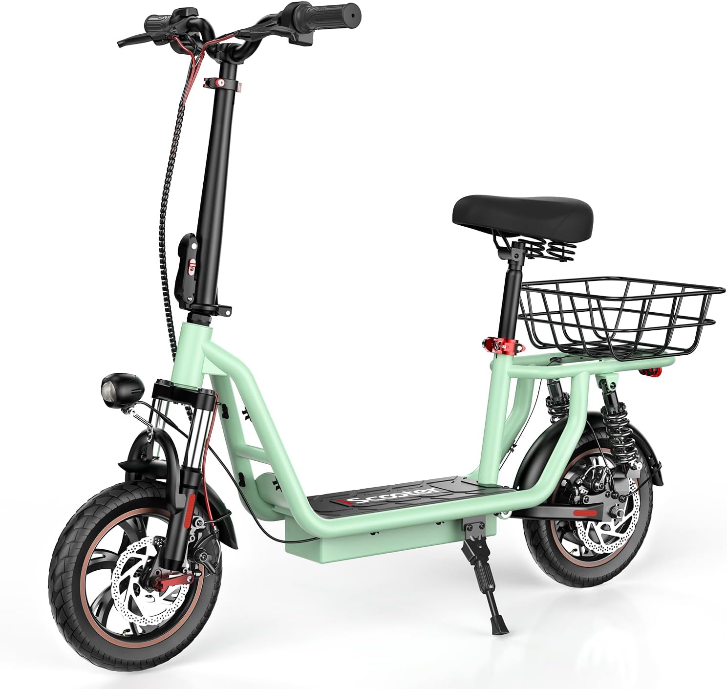 iScooter electric scooter with seat, 37/21 mile range, 28/19/15.6 mph top speed, dual suspension scooter with basket wourant