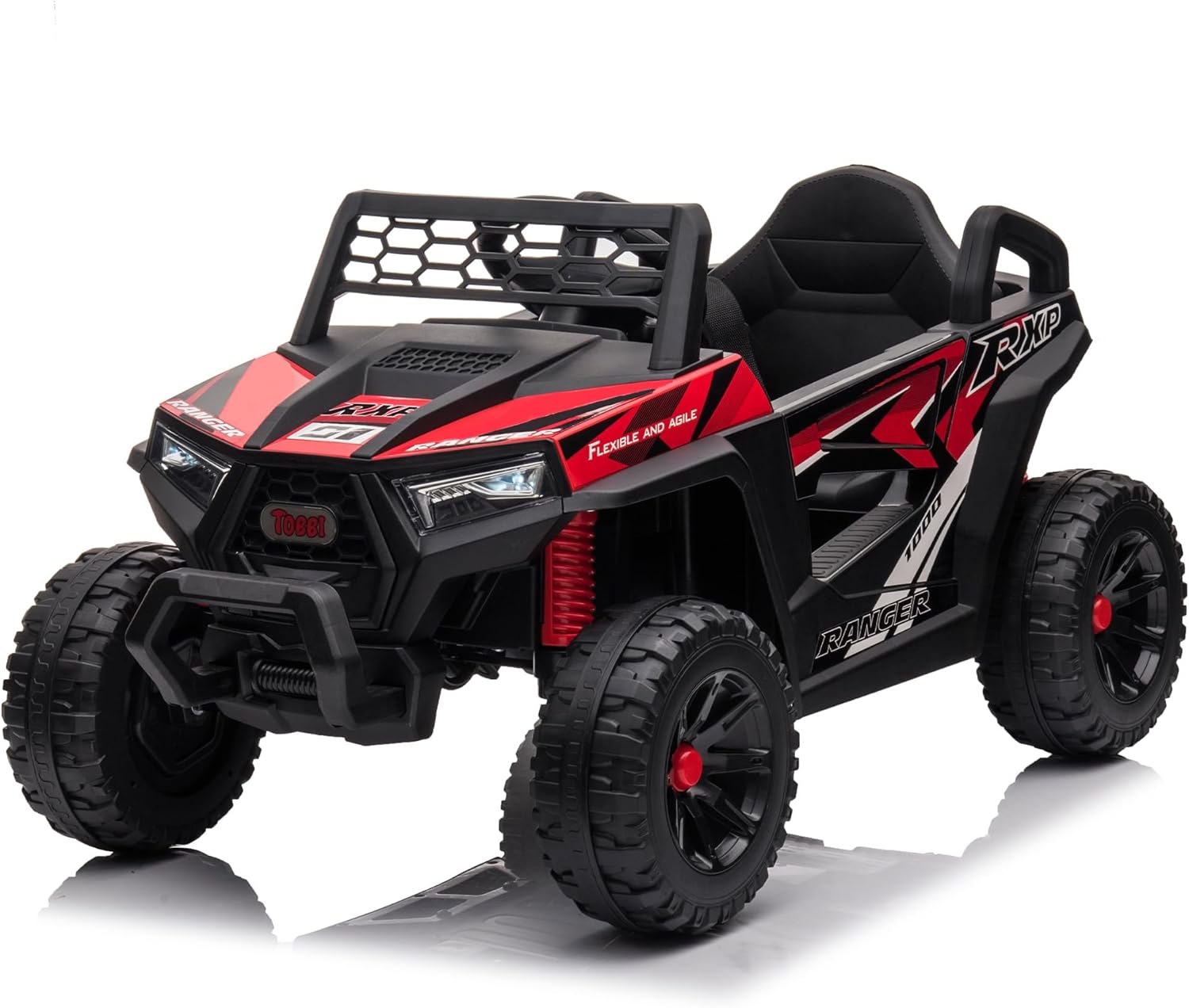 TOBBI 12V Kids Ride on Car, Electric Off-Road UTV Truck with Diverse Functions, Double Open Doors, Safety Belt, Horn, Music, and Lights for Kids Aged 3-5 Years (Rose Red) wourant