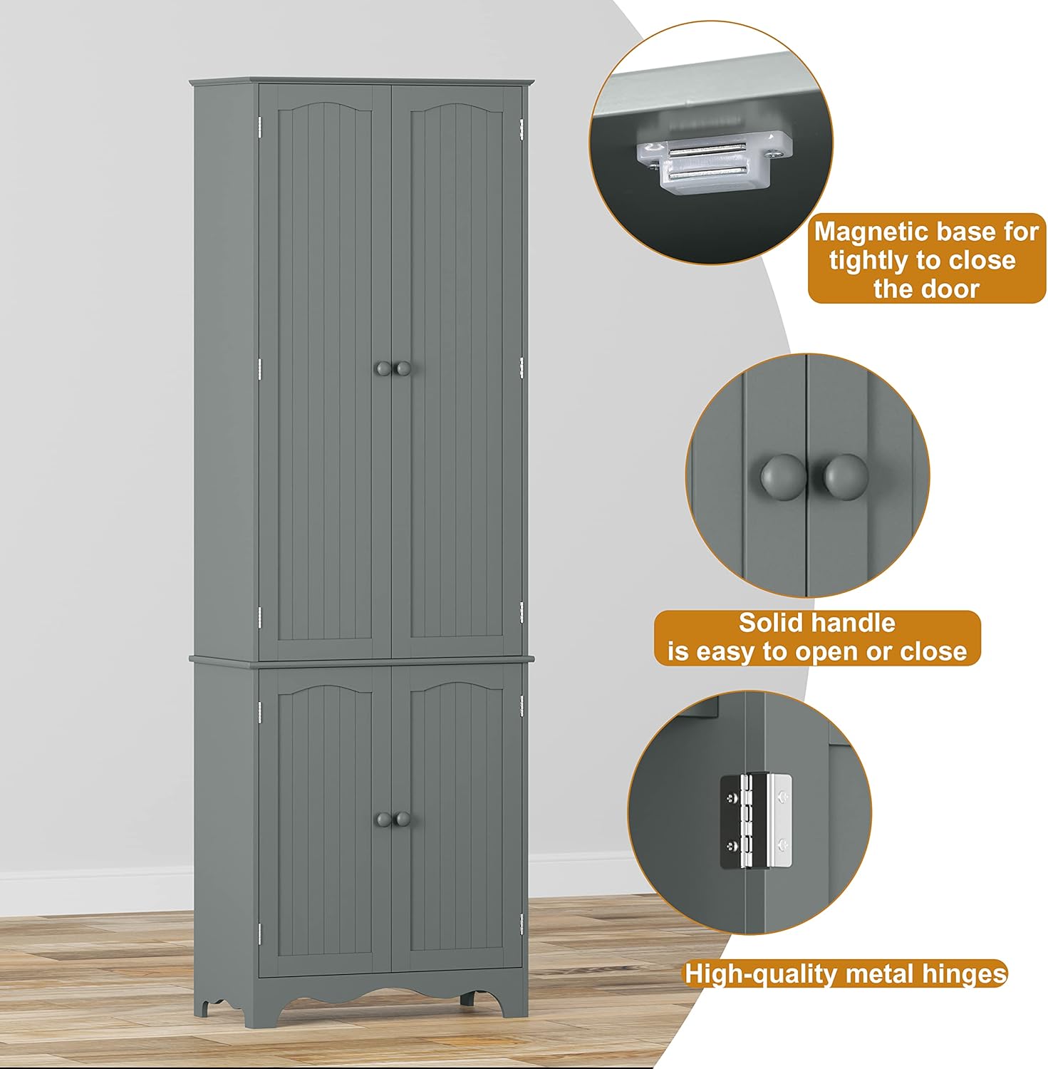 Tall Pantry Cabinet, Freestanding Storage Cabinet, Wooden Kitchen Pantry with 4 Doors and 5 Shelves, 72" Floor Cabinet Organizer wourant
