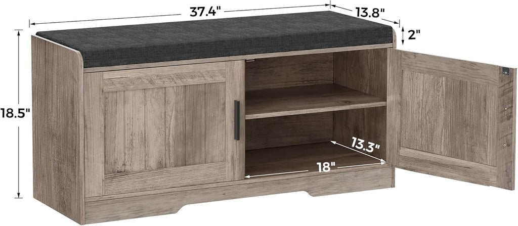 2-Tier Storage Bench, Shoe Bench with Thickened Padded Seat Cushion, Entryway Bench with 4 Doors, Adjustable Shelf, 13.8" D x 45.3" W x 18.5" H, for Entryway, Living Room, Bedroom, White wourant