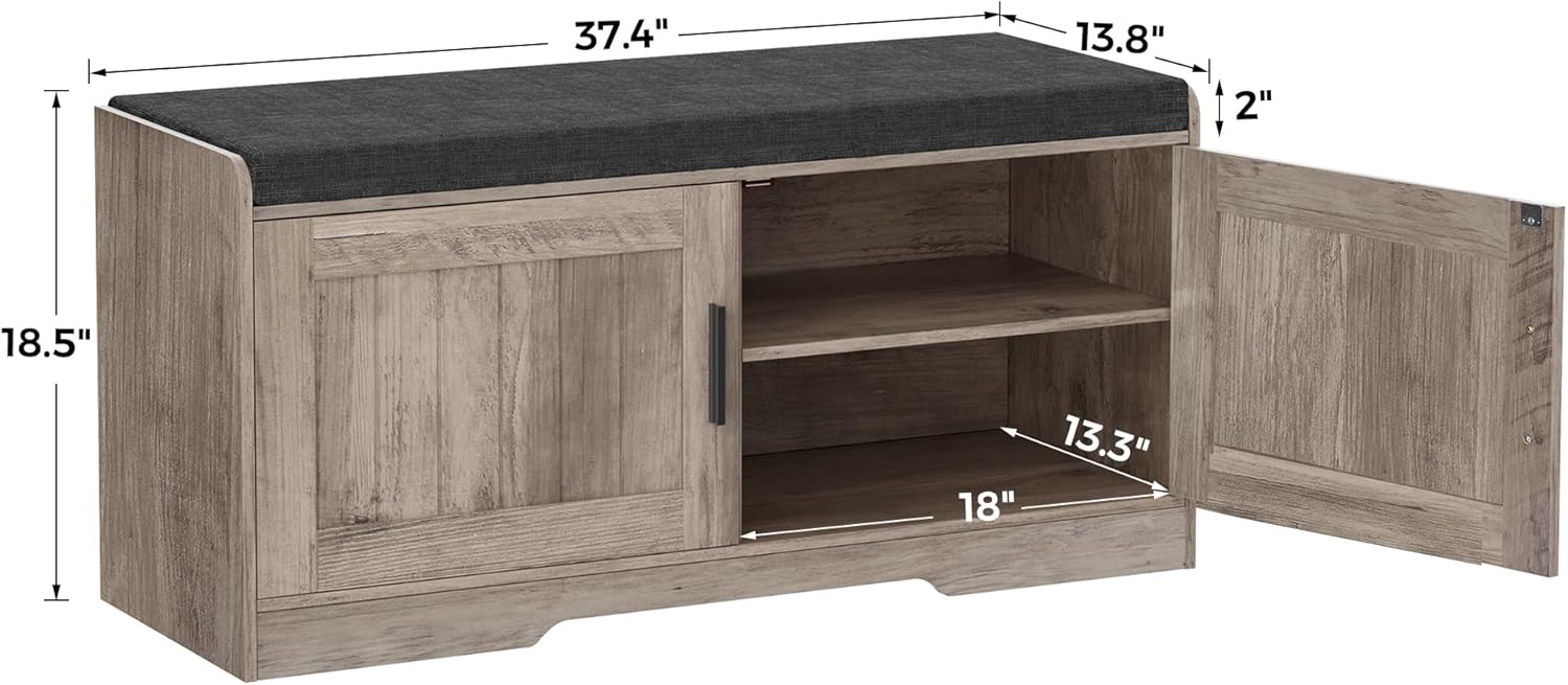 2-Tier Storage Bench, Shoe Bench with Thickened Padded Seat Cushion, Entryway Bench with 4 Doors, Adjustable Shelf wourant