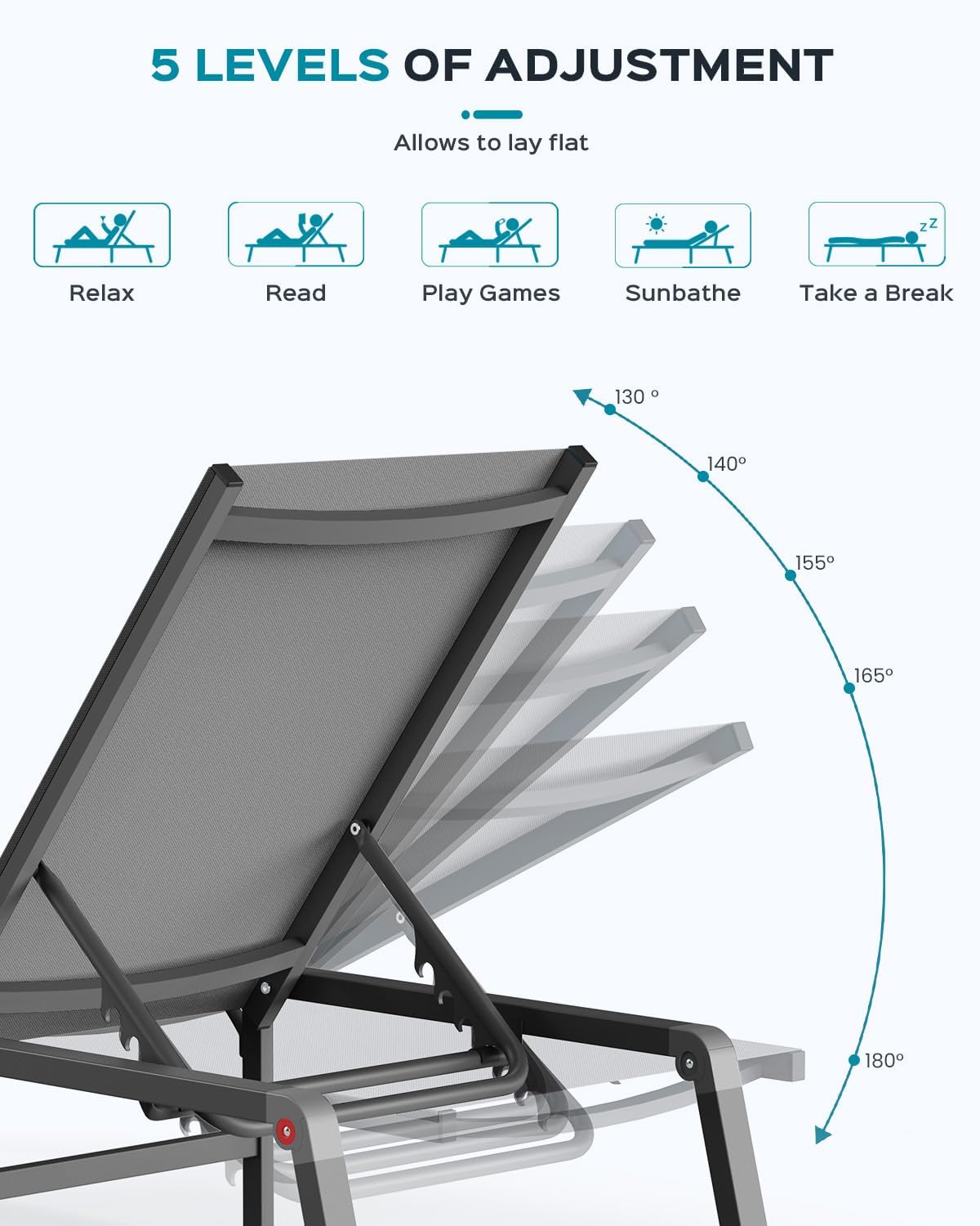 Aluminum Chaise Lounge Ourdoor - Foldable & Assemble Free Outdoor Lounge Chair with 5 Adjustable Backrest, Patio Lounge Chair for Outside Poolside Beach Pool, Black wourant