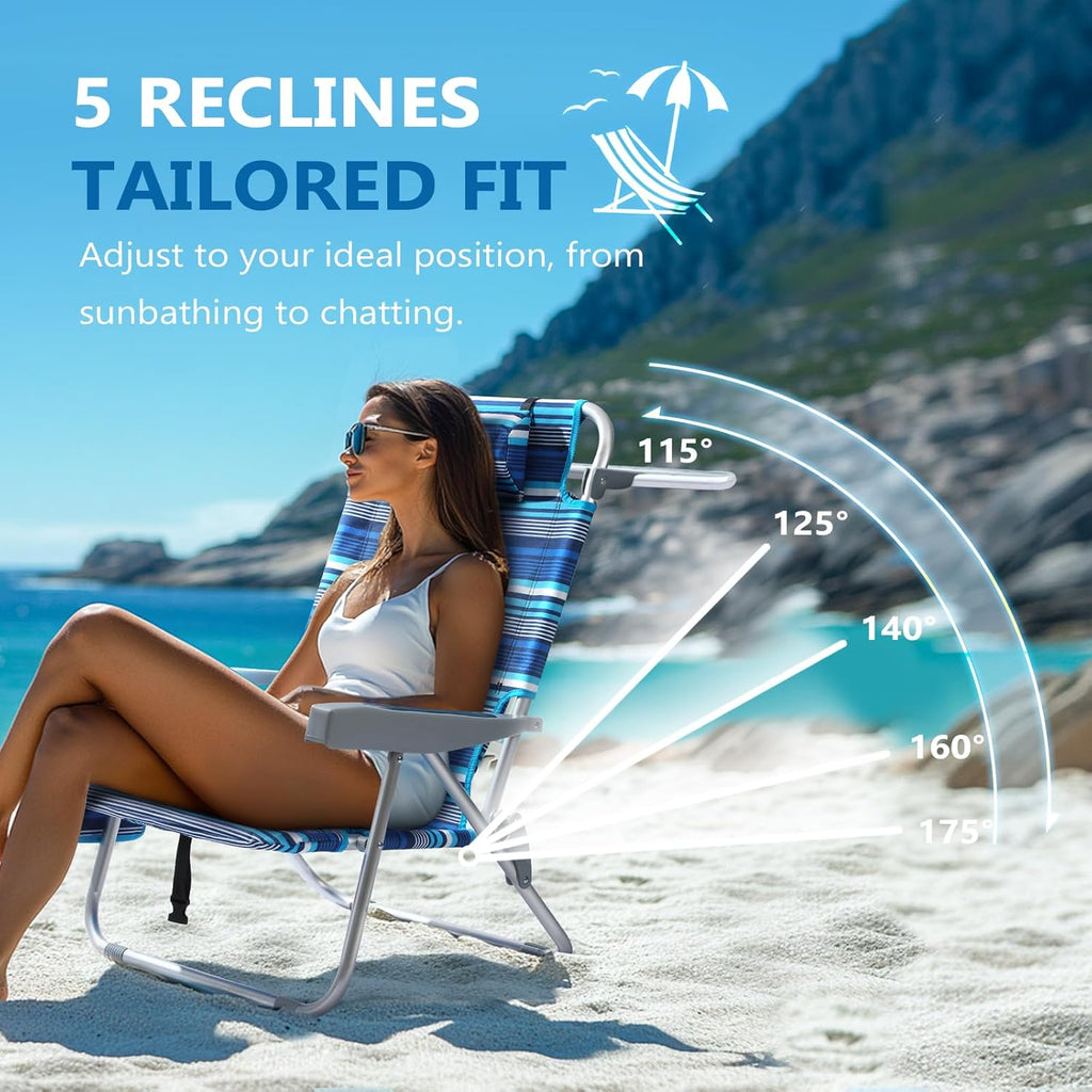 5-Position Aluminum Lay Flat Tall Backpack Beach Chairs 2 Pack Compact Portable Beach Chairs for Adults with Cooler Pouch, Storage Pouch, Towel Bar, Cup Holder & Phone Holder, Blue Stripe wourant