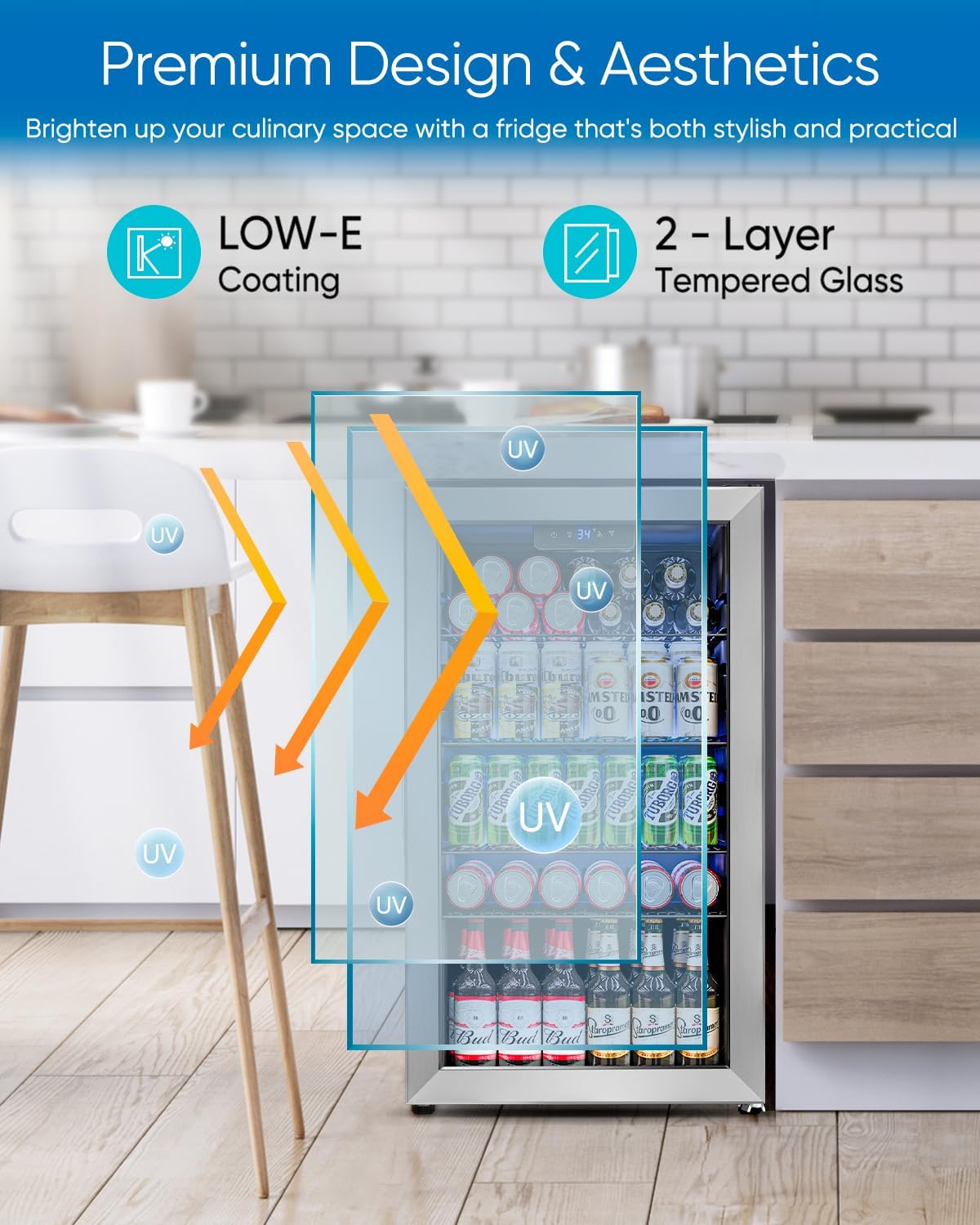 Beverage Refrigerator Cooler - 126 Can Mini Fridge Glass Door for Drinks Soda Beer Wine - Small Refrigerator for Office Bedroom Home Bar, 4 Adjustable Shelves, 3.2 Cu.Ft, Silver wourant
