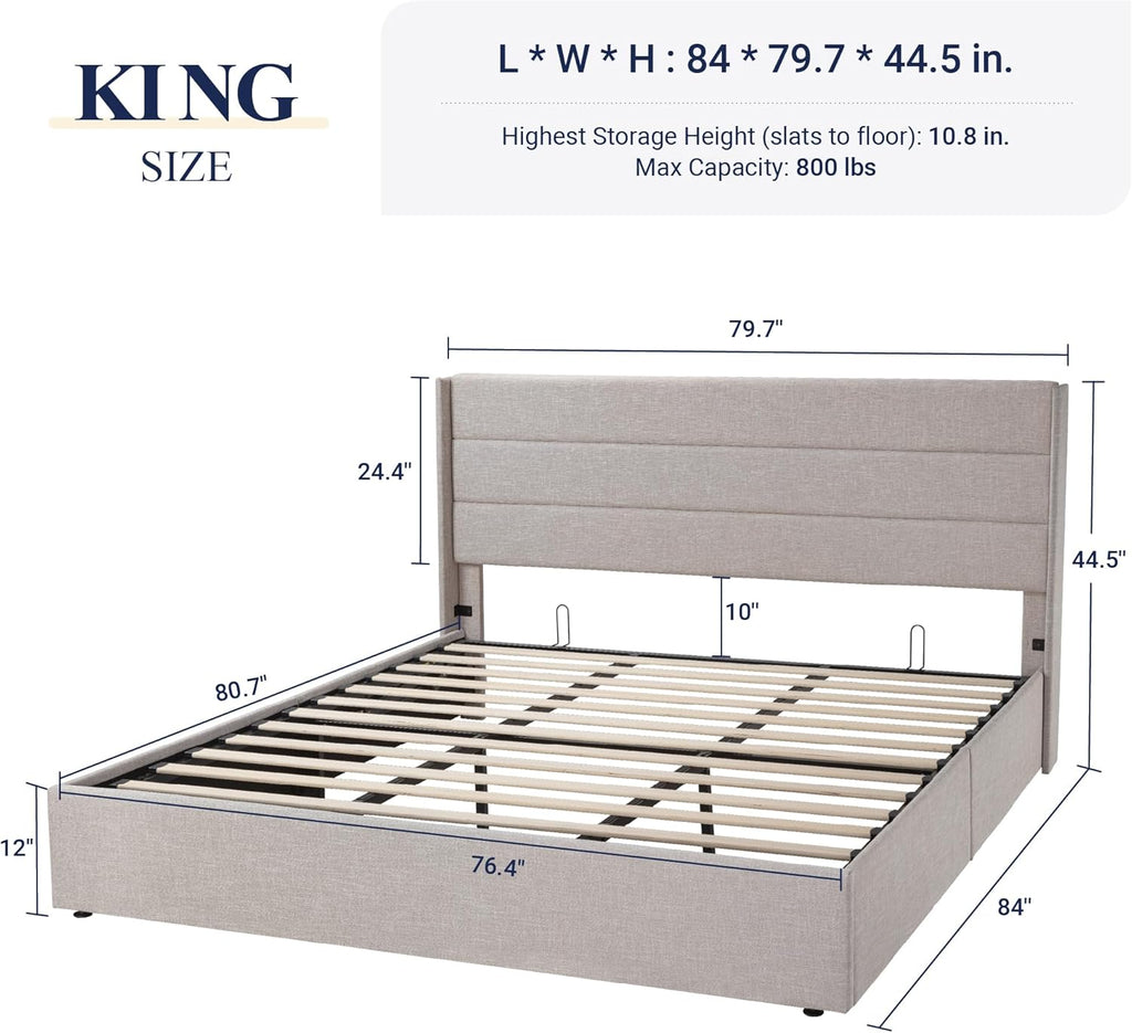 Allewie Queen Size Lift Up Storage Bed Modern Wingback Headboard Hydraulic Support wourant