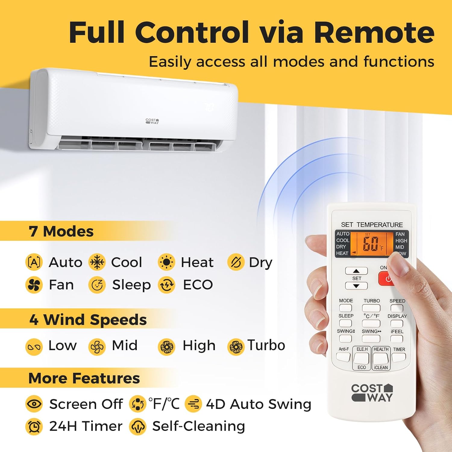 COSTWAY 12000BTU Mini Split Air Conditioner& Heater, 20 SEER2 115V Wall-Mounted Ductless AC Unit Cools Rooms up to 750 Sq. Ft, Energy Efficient Inverter AC with Heat Pump (Blast Series) wourant