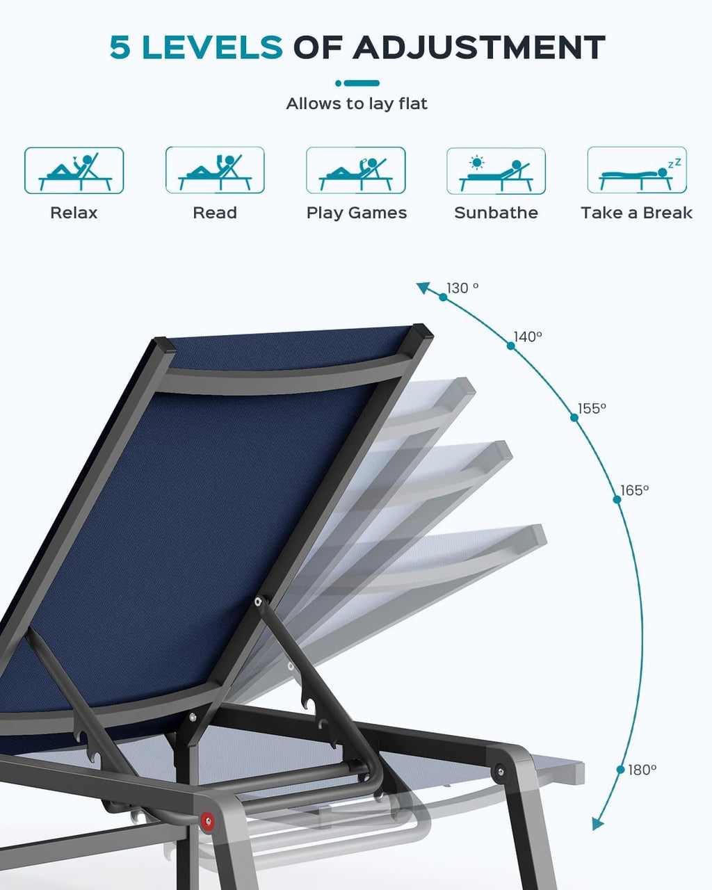 Aluminum Chaise Lounge Ourdoor - Foldable & Assemble Free Outdoor Lounge Chair with 5 Adjustable Backrest, Patio Lounge Chair for Outside Poolside Beach Pool, Black wourant