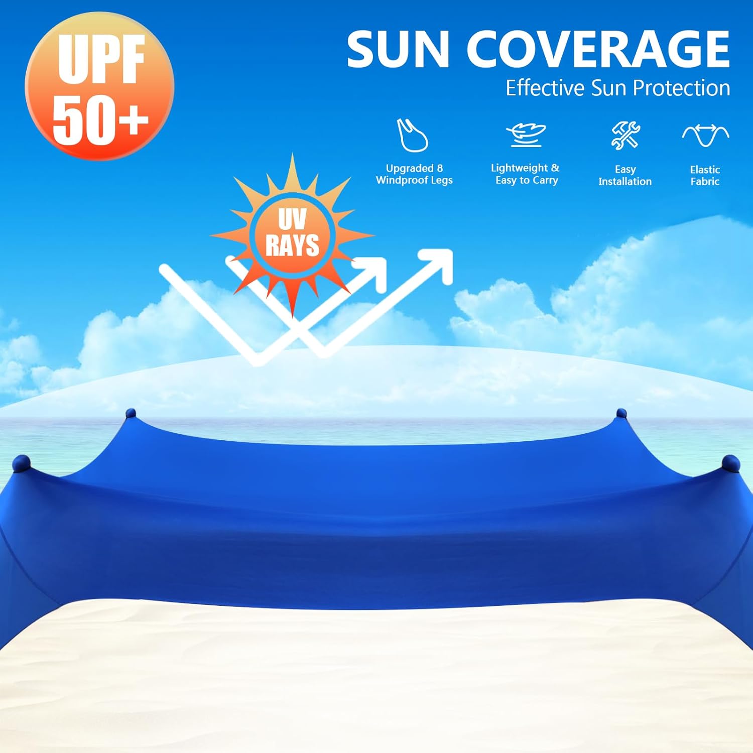 Beach Tent Sun Shelter, 10 x 10 FT Beach Canopy Tent Sun Shade Heavy Duty, UPF50+ Beach Tent Canopy with 8 Sandbags & 4 Stability Poles, Outdoor Beach Shade Canopy for Camping and Fishing, Blue wourant