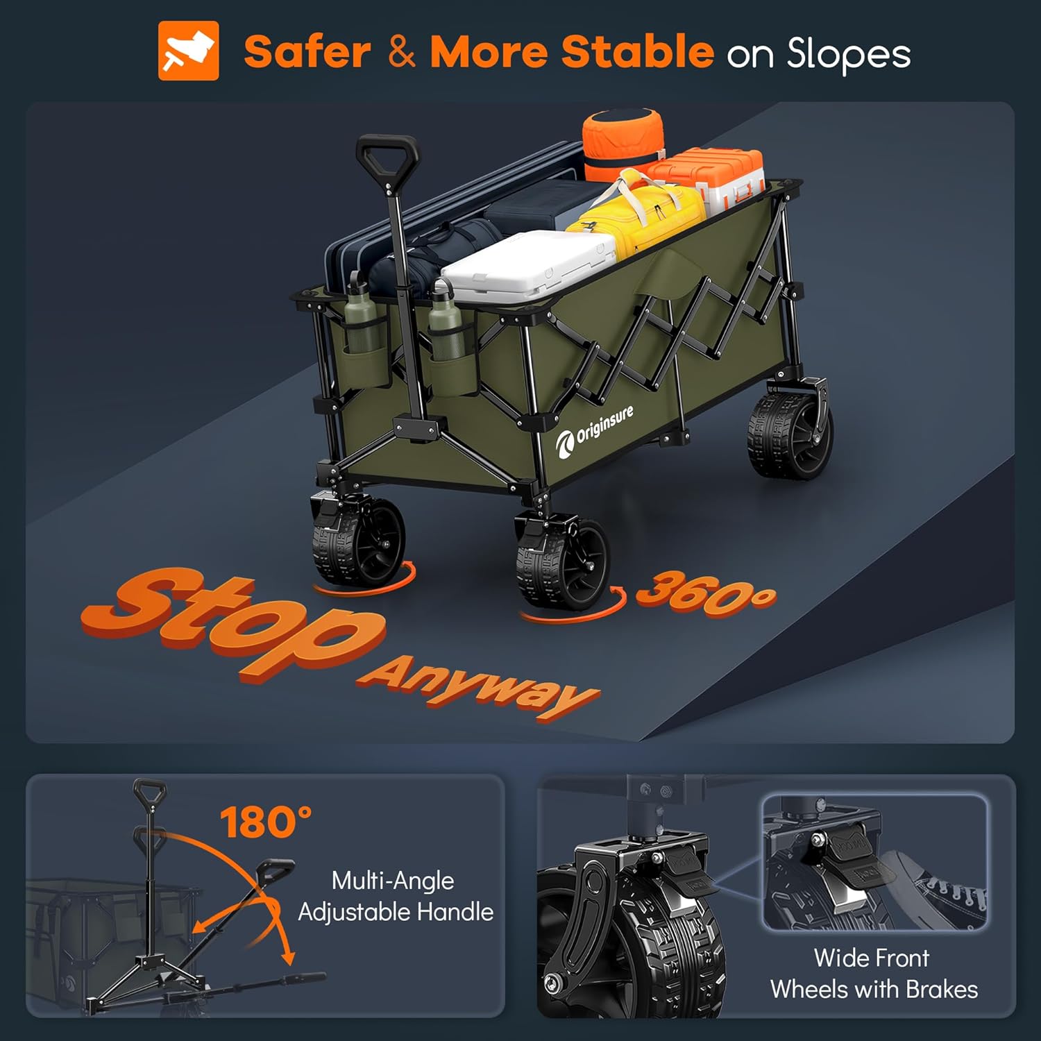 38" long foldable four-wheel stroller, foldable, 460 lb capacity, 220 liter heavy-duty folding beach stroller with large all-terrain tires wourant
