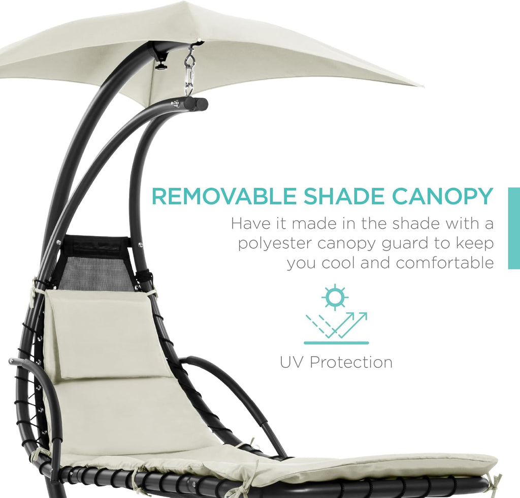 Best Choice Products Outdoor Hanging Curved Steel Chaise Lounge Chair Swing w/Built-in Pillow and Removable Canopy - Charcoal Gray wourant