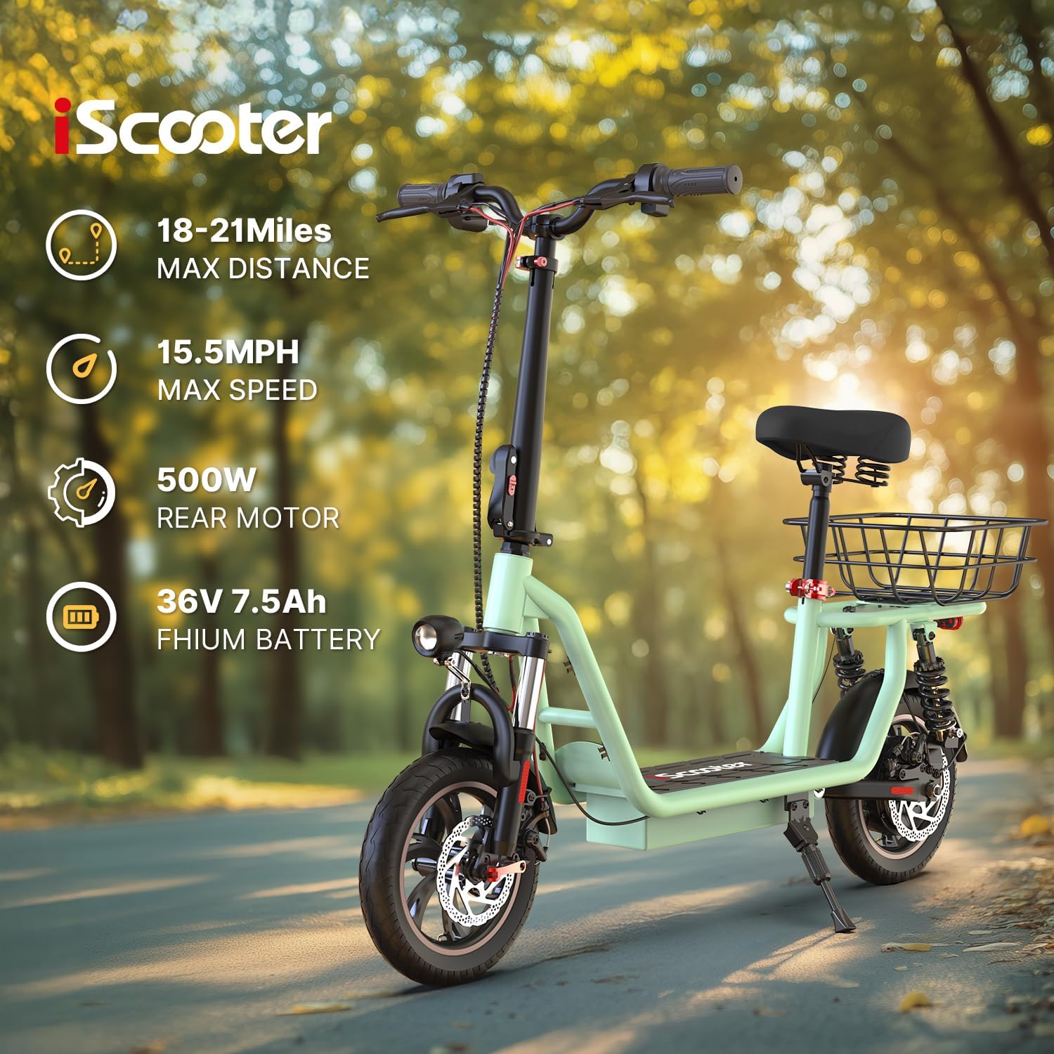 iScooter electric scooter with seat, 37/21 mile range, 28/19/15.6 mph top speed, dual suspension scooter with basket wourant