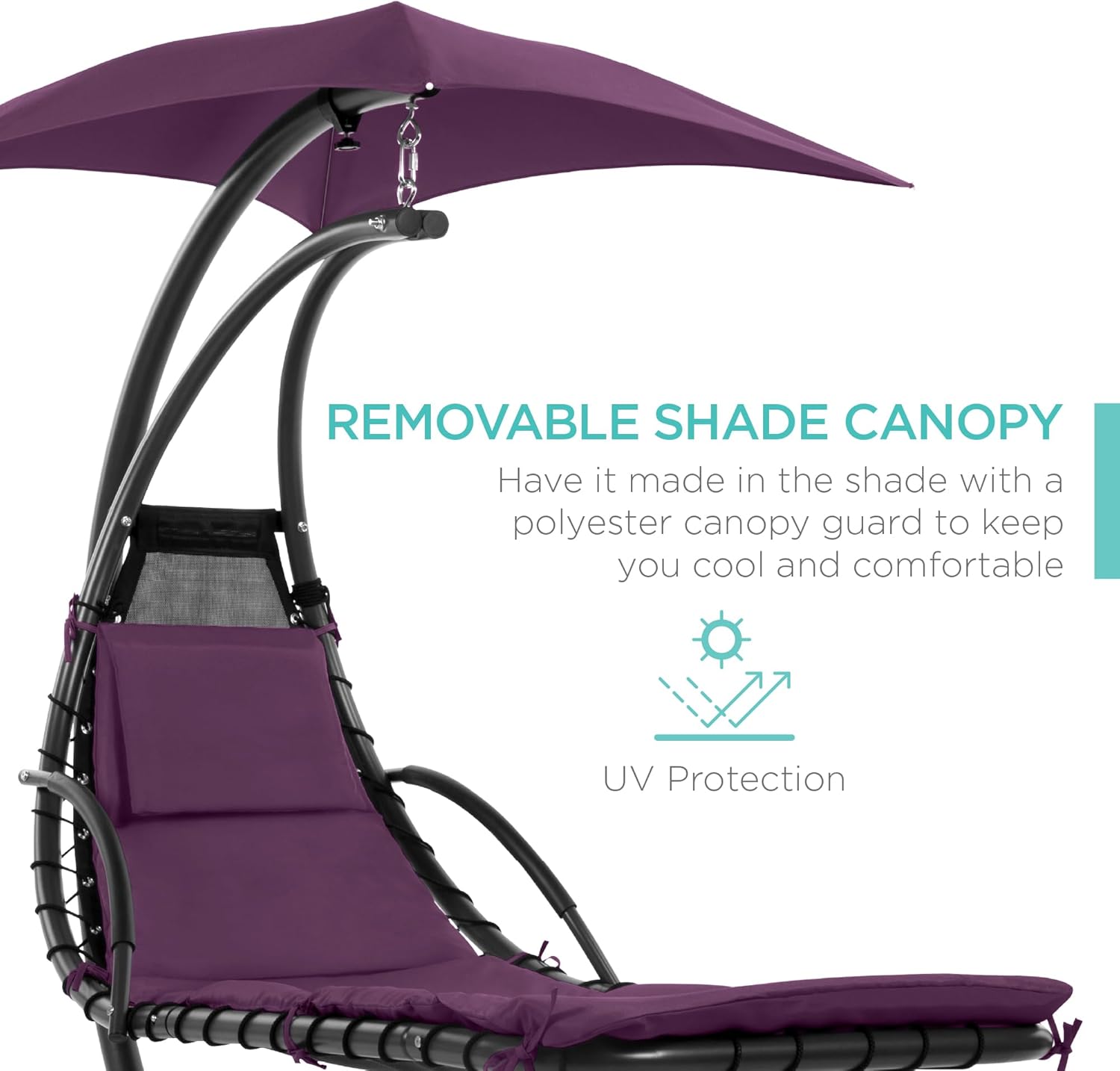 Best Choice Products Outdoor Hanging Curved Steel Chaise Lounge Chair Swing w/Built-in Pillow and Removable Canopy - Charcoal Gray wourant