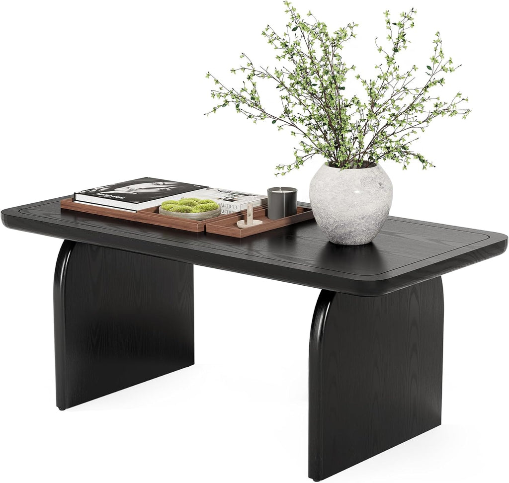 LITTLE TREE Farmhouse Coffee Table, 47 Inch Round Corner Wood Center Table, Rectangular Living Room Table, Modern Low Cocktail Tea Set wourant