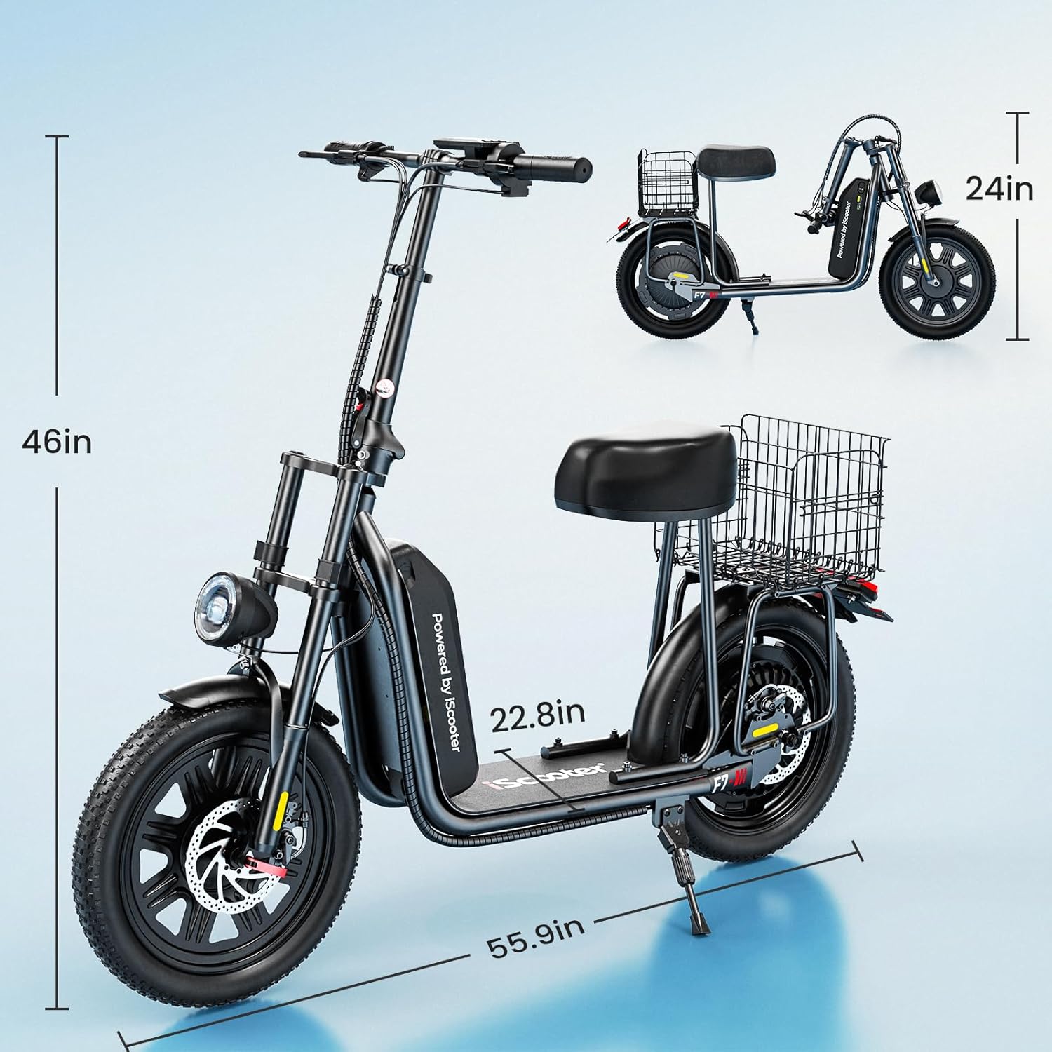 iScooter electric scooter with seat, 37/21 mile range, 28/19/15.6 mph top speed, dual suspension scooter with basket wourant