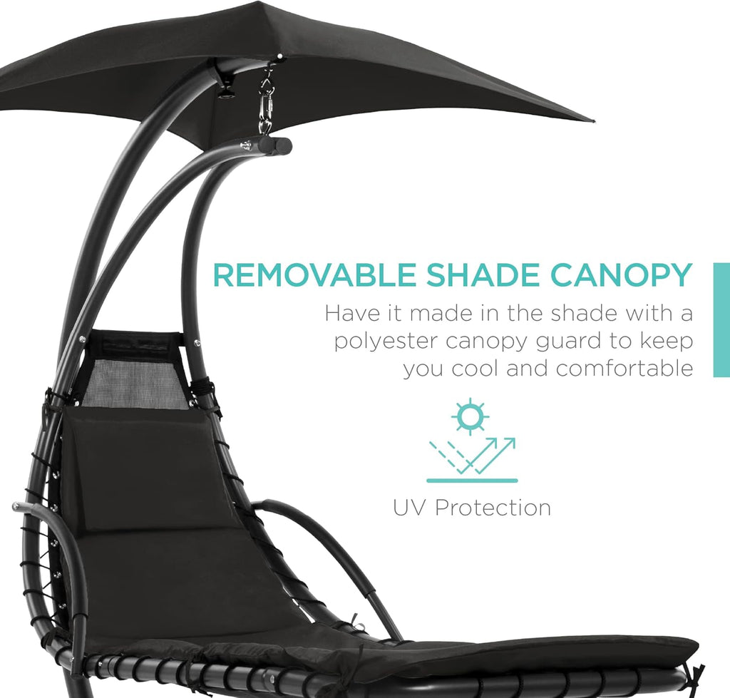 Best Choice Products Outdoor Hanging Curved Steel Chaise Lounge Chair Swing w/Built-in Pillow and Removable Canopy - Charcoal Gray wourant