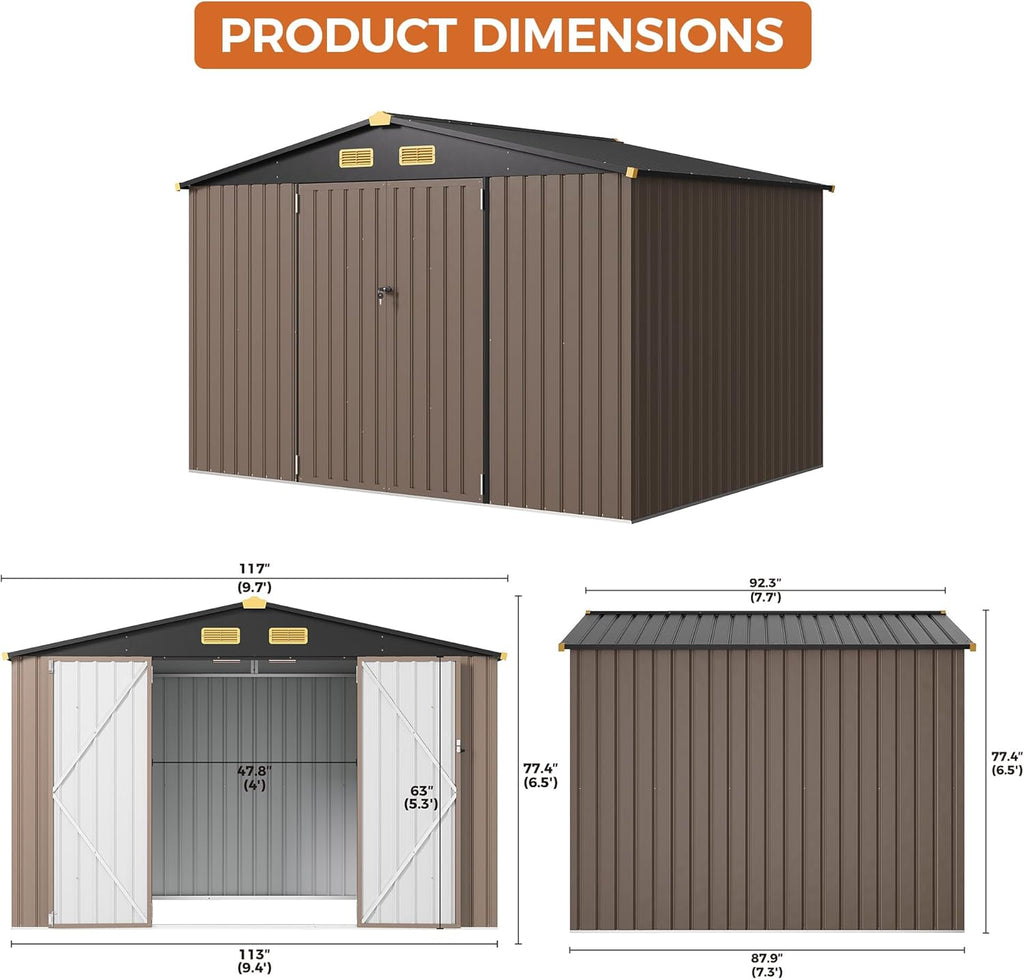 IRONCK 10x8FT Outdoor Storage Shed with Breathable Vent, Galvanized Steel Metal Tool Shed wourant