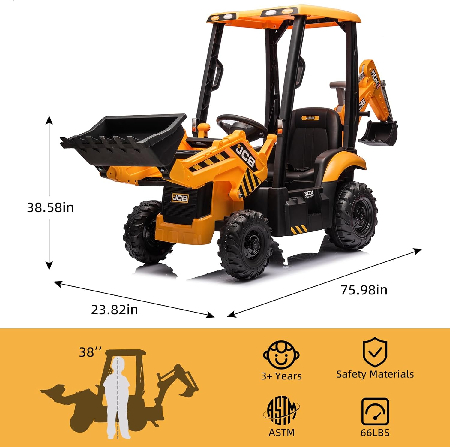 12V JCB Ride On Excavator, Ride on Toys for Kids 4-8, Electric Car for Kids with Tractor, Bulldozer, Digging Arm, Backhoe Toy Car with Slow Start/Stop, Adjustable Speeds wourant