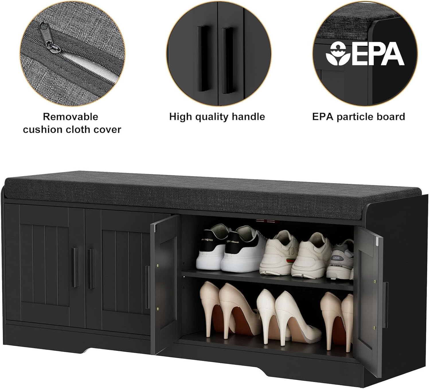 2-Tier Storage Bench, Shoe Bench with Thickened Padded Seat Cushion, Entryway Bench with 4 Doors, Adjustable Shelf wourant