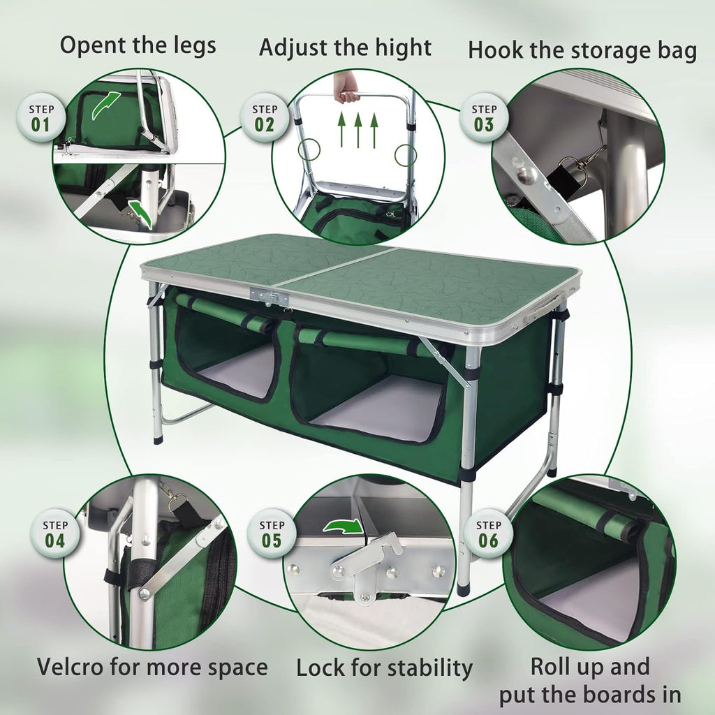 Outdoor Folding Table Aluminum Lightweight Height Adjustable with Storage Organizer for BBQ, Party, Camping wourant