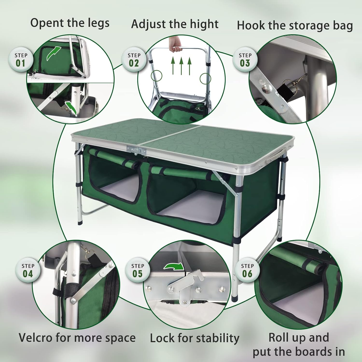 Outdoor Folding Table Aluminum Lightweight Height Adjustable with Storage Organizer for BBQ, Party, Camping wourant