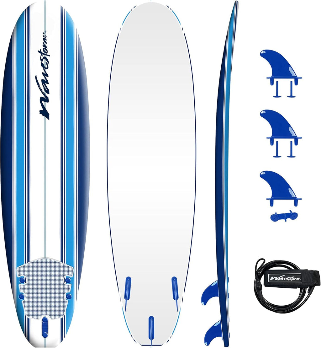 Wavestorm - Classic Soft Top Foam 7ft Surfboard Surfboard for Beginners and All Surfing Levels Complete Set Includes Leash and Multiple Fins Heat Laminated, Blue Pinline (AZ22-WSSF700-PIN) wourant