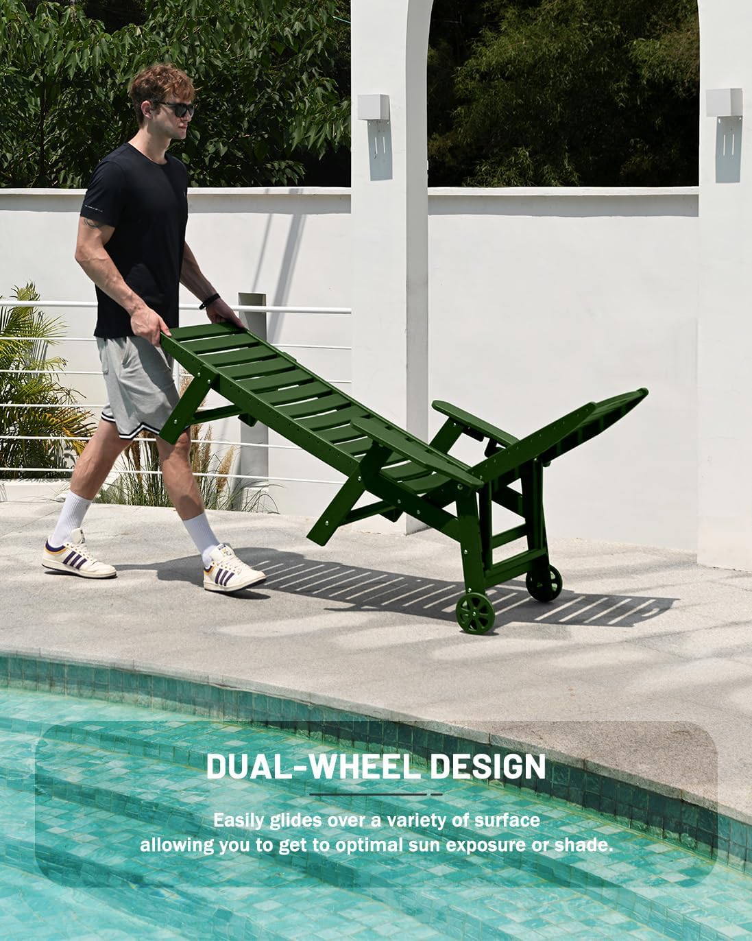 Lounge Chair Outdoor, Chaise Lounge, HDPE 6-Position Outdoor Chaise Lounge, Patio Lounge Chair with Wheels & Cup Holder for Pool Poolside Deck Backyard, Teak wourant