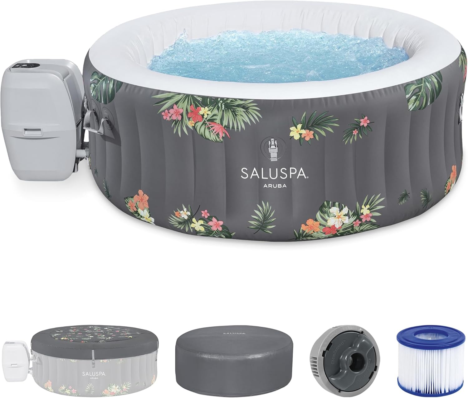 SaluSpa Aruba AirJet Large Round 2 to 3 Person Inflatable Hot Tub Portable Outdoor Spa with 110 AirJets and EnergySense Cover, Grey wourant
