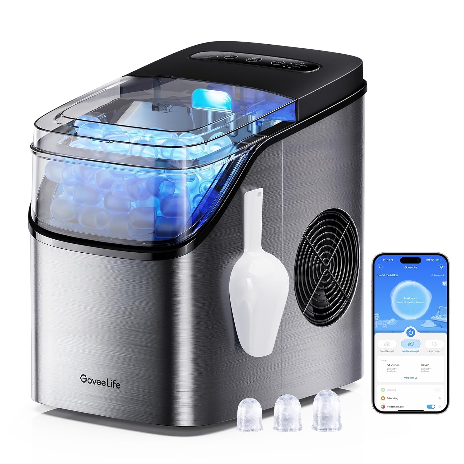GoveeLife Smart Ice Maker Countertop, Portable Ice Machine with Voice Control, 9 Ice Cubes in 6 Minutes 3 Sizes, 26lbs/24Hrs, Self Cleaning RGB Lights, Quiet Ice Maker with Scoop for Kitchen Silver wourant