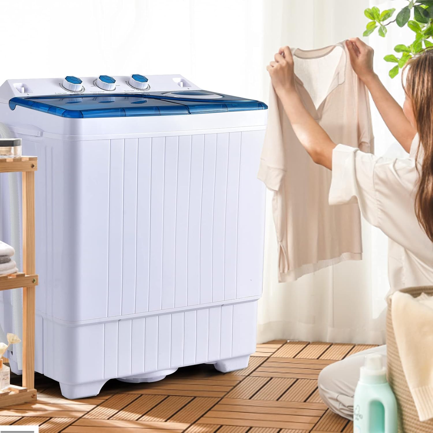 COSTWAY Double Tub 26 lb Capacity Laundry 18 lb 8 lb Spin Combo with Timer Knob Built-in Drain Pump Small Portable Washing Machine wourant