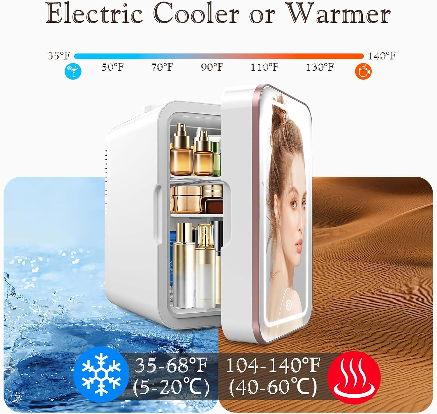 Skincare Fridge, 6L/10 Can Mini Fridge for Bedroom with Dimmable LED Mirror, Portable Cooler & Warmer Small Compact Refrigerator for Skincare, Cosmetics, Bedroom and Office, White wourant